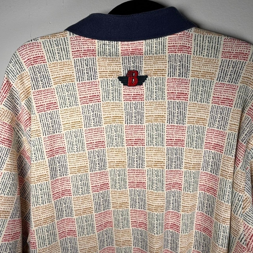Bunkers Vintage Mens Large Geometric Dot Grid Polo Shirt Cream Navy Red Cotton - Picture 8 of 8